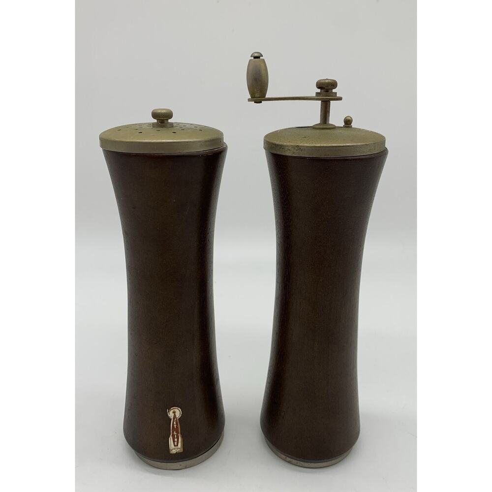 vintage jet line wood pepper grinder and salt shaker set MCM Japan As Is Patina